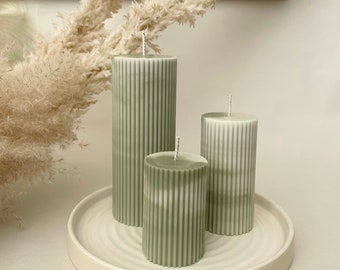 Ribbed Pillar Candles - Sage Marble