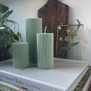 Eco Soy Ribbed Pillar Candles - Sage Green