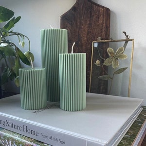 Ribbed Pillar Candles - Sage Green