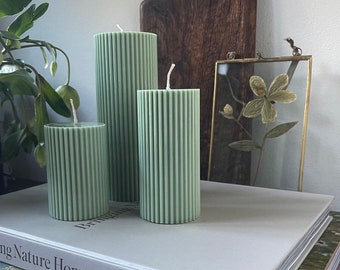 Ribbed Pillar Candles - Sage Green