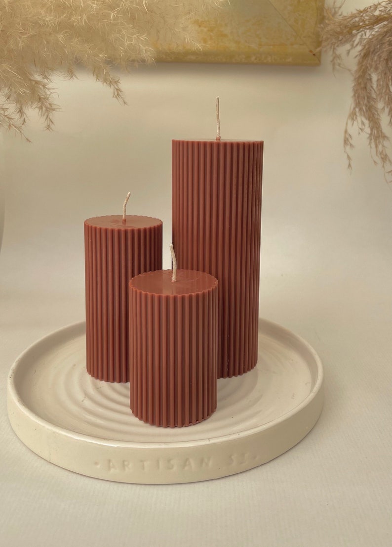 Ribbed Pillar Candles Rust Burnt Orange Etsy