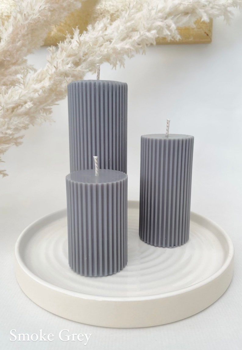 Ribbed Pillar Candles Grey Etsy