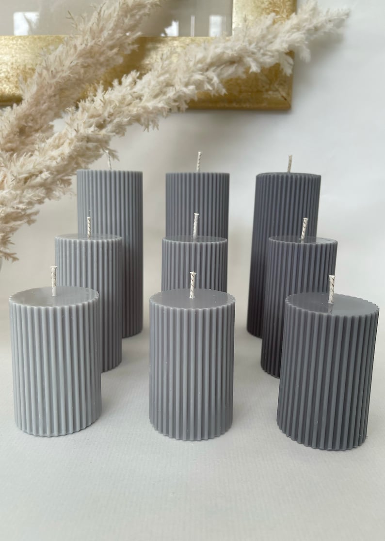 Ribbed Pillar Candles Grey Etsy