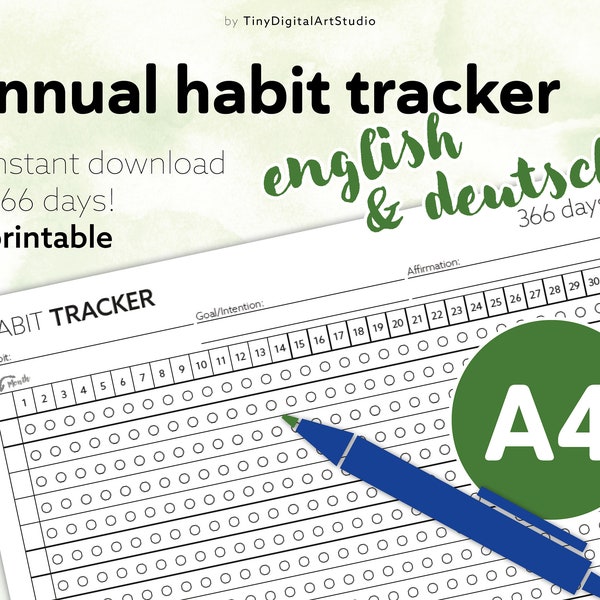 Habit tracker 366 days, annual tracker in DIN A4 printable, English and German, make and track progress, achieve goals