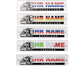 1 Schild Namenschild LKW Pkw Fahrer Autofahrer in Weiß und ein TRUCK Symbol in Schwarz , ihr Land Schild Funschild