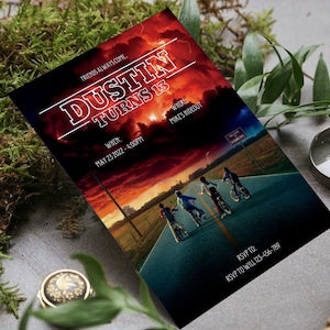 Inbjudan till Stranger Things-fest med Stranger Things-motiv, inbjudan till Stranger Things-fest, mall för elvaårsfest med Stranger Things-motiv.