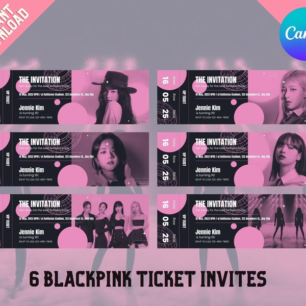 Invitación de Blackpink para la fiesta de cumpleaños de Blackpink Invitación para la plantilla de invitación de fiesta de color rosa negro para el estilo de boleto de invitación de fiesta de KPOP