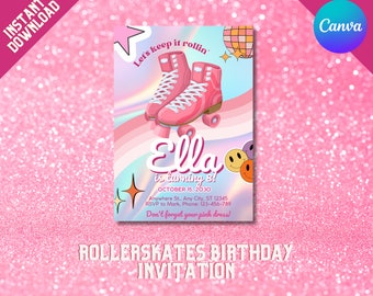 May include: A pink and blue birthday invitation with a rainbow background. The invitation features a pair of pink roller skates, a disco ball, and the text "Let's keep it rollin'" and "Ella is turning 8!"  The invitation also includes the date "October 15, 2030", an address, and an RSVP phone number.