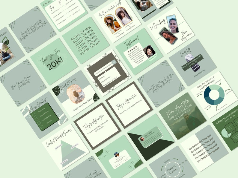 Puede incluir: Una colecci&oacute;n de gr&aacute;ficos de redes sociales con un esquema de color verde y blanco. Los gr&aacute;ficos presentan texto sobre coaching, mindfulness y crecimiento personal. Algunos gr&aacute;ficos incluyen una foto de una mujer.