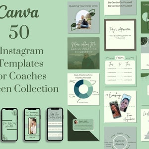 K&ouml;nnte beinhalten: Eine Sammlung von 50 gr&uuml;nen und wei&szlig;en Instagram-Vorlagen f&uuml;r Coaches. Die Vorlagen bieten verschiedene Designs, darunter Zitate, Affirmationen und Coaching-Tipps. Der Text "Canva 50 Instagram-Vorlagen f&uuml;r Coaches Gr&uuml;ne Kollektion" wird oben im Bild angezeigt.