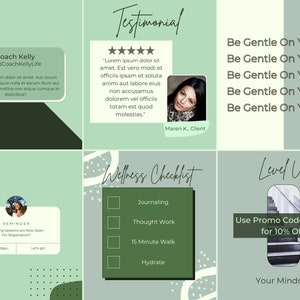 Puede incluir: Un gr&aacute;fico verde y blanco con el texto "Testimonial" y una calificaci&oacute;n de cinco estrellas. El texto "Be Gentle On Yourself" se repite cinco veces. El texto "Wellness Checklist" va seguido de una lista de cuatro elementos: "Journaling", "Thought Work", "15 Minute Walk" e "Hydrate". El texto "Level Up" va seguido de un gr&aacute;fico de una escalera y el texto "Use Promo Code LEVEL for 10% Off". El texto "Your Mindset" est&aacute; en la parte inferior del gr&aacute;fico.