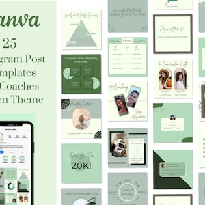 Puede incluir: Una colecci&oacute;n de 25 plantillas de publicaciones de Instagram verdes y blancas para entrenadores. Las plantillas presentan varios dise&ntilde;os, incluidos c&iacute;rculos, tri&aacute;ngulos y cuadros de texto. El texto en las plantillas incluye frases como "Niveles de &eacute;xito mental", "4 formas de detener la negatividad", "&iexcl;Gracias por 20K!" y "Calmar tu cr&iacute;tico interno".