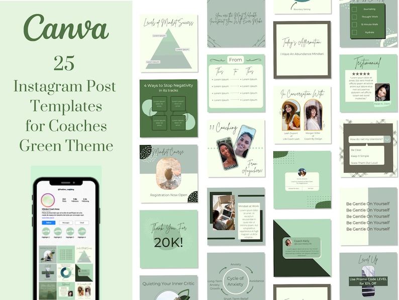 Puede incluir: Una colecci&oacute;n de 25 plantillas de publicaciones de Instagram verdes y blancas para entrenadores. Las plantillas presentan varios dise&ntilde;os, incluidos c&iacute;rculos, tri&aacute;ngulos y cuadros de texto. El texto en las plantillas incluye frases como "Niveles de &eacute;xito mental", "4 formas de detener la negatividad", "&iexcl;Gracias por 20K!" y "Calmar tu cr&iacute;tico interno".