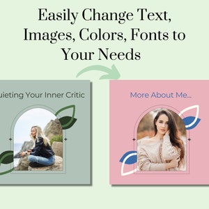Puede incluir: Dos im&aacute;genes cuadradas con fondo verde claro y rosa claro. Las im&aacute;genes presentan a una mujer en un entorno natural y a una mujer en un estudio. Ambas im&aacute;genes tienen un arco blanco con un dise&ntilde;o de hojas verdes y azules. El texto "Quieting Your Inner Critic" est&aacute; en la imagen verde y el texto "More About Me..." est&aacute; en la imagen rosa.