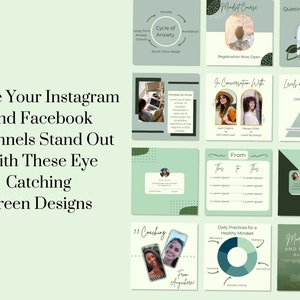 Puede incluir: Una colecci&oacute;n de nueve plantillas de publicaciones de Instagram o Facebook con esquemas de colores verde y blanco. Las plantillas incluyen texto como "Make Your Instagram and Facebook Channels Stand Out With These Eye Catching Green Designs", "Quieting Your Inner Critic", "Levels of Mindset Success", "Daily Practices for a Healthy Mindset", "More About Me and My Coaching Philosophy", "In Conversation With", "From They to They", "11 Coaching", and "Mindset Course".