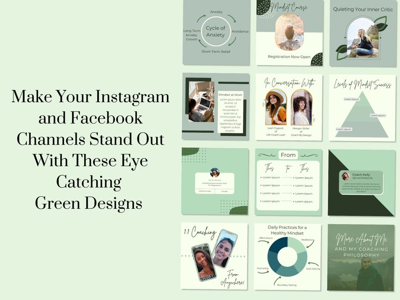 Puede incluir: Una colecci&oacute;n de nueve plantillas de publicaciones de Instagram o Facebook con esquemas de colores verde y blanco. Las plantillas incluyen texto como "Make Your Instagram and Facebook Channels Stand Out With These Eye Catching Green Designs", "Quieting Your Inner Critic", "Levels of Mindset Success", "Daily Practices for a Healthy Mindset", "More About Me and My Coaching Philosophy", "In Conversation With", "From They to They", "11 Coaching", and "Mindset Course".