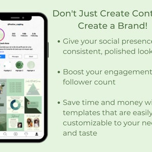 K&ouml;nnte beinhalten: Ein Screenshot eines Mobiltelefons, auf dem ein Social-Media-Profil mit einem gr&uuml;n-wei&szlig;en Farbschema angezeigt wird. Das Profil enth&auml;lt ein Raster mit neun Bildern, jedes mit einem anderen Design. Der Text auf dem Bildschirm lautet "Erstelle nicht nur Inhalte - erstelle eine Marke!"  Verleihe deiner Social-Media-Pr&auml;senz ein einheitliches, gepflegtes Erscheinungsbild. Steigere dein Engagement und deine Follower-Anzahl. Spare Zeit und Geld mit Vorlagen, die sich leicht an deine Bed&uuml;rfnisse und deinen Geschmack anpassen lassen.