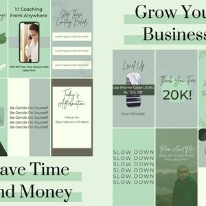 K&ouml;nnte beinhalten: Eine Collage aus neun Bildern in einem gr&uuml;n-wei&szlig;en Farbschema. Die Bilder zeigen Text &uuml;ber Gesch&auml;ftswachstum, Coaching und Mindset. Der Text enth&auml;lt S&auml;tze wie "Grow Your Business", "Level Up", "Thank You For 20K!" und "Save Time and Money".