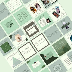 K&ouml;nnte beinhalten: Eine Sammlung von Social-Media-Grafiken in einem gr&uuml;n-wei&szlig;en Farbschema. Die Grafiken zeigen Text &uuml;ber Coaching, Mindset und pers&ouml;nliches Wachstum. Einige Grafiken enthalten ein Foto einer Frau.