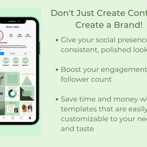 Puede incluir: Una captura de pantalla de un tel&eacute;fono m&oacute;vil que muestra un perfil de redes sociales con un esquema de color verde y blanco. El perfil incluye una cuadr&iacute;cula de im&aacute;genes con una variedad de dise&ntilde;os, incluyendo un calendario, un gr&aacute;fico circular y un tri&aacute;ngulo. El texto "Don't Just Create Content--Create a Brand!" se muestra encima de la pantalla del tel&eacute;fono. El texto debajo de la pantalla del tel&eacute;fono incluye vi&ntilde;etas con consejos para crear una marca en las redes sociales.
