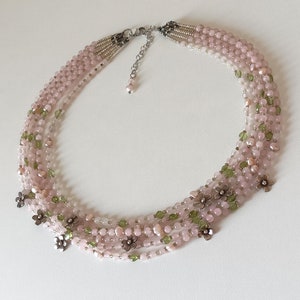 Rose quartz, Pearl and Peridot Necklace/Multi Strand Necklace