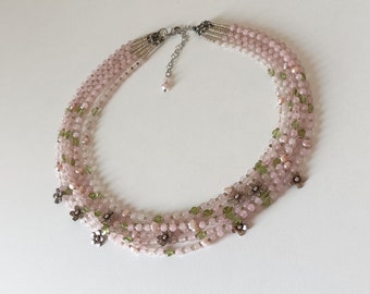 Rose quartz, Pearl and Peridot Necklace/Multi Strand Necklace