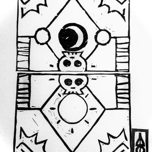 May include: Black and white illustration of a geometric design with a skull and moon in the center. The design is framed by a border with a repeating pattern.