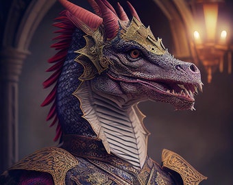 May include: A purple dragon wearing a gold crown and ornate armour with a red and gold cape. The dragon is standing in front of a stone archway with a light fixture in the background.