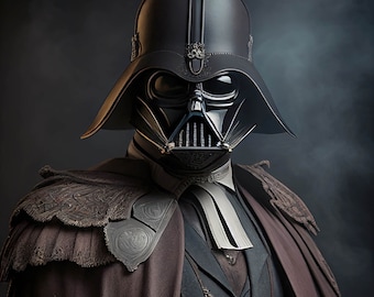 May include: A dark figure wearing a black helmet with a detailed design, a long brown cape, and a dark suit with a gold chain and ornate pendant. The figure has a serious expression and appears to be a character from a fantasy or science fiction story.