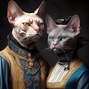 Victorian Gothic Steampunk Animals and Creatures Art, Victorian Sphinx Cat Couple Ai Art, Elegant and Cheeky Home Wall Decor Gift Idea