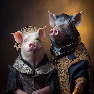 Victorian Gothic Steampunk Animals and Creatures Art, Victorian Pig Couple 2 Ai Art, Elegant and Cheeky Home Wall Decor Gift Idea