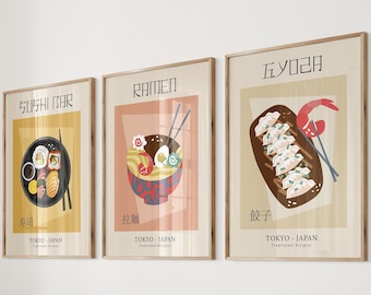 Set of 3 Sushi Bar Food Pop art poster, Minimal home decor gift, Digital Download, Japanese Authentic Wall Art Print