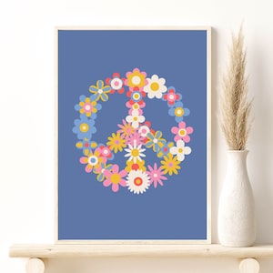 Flowers Peace Sign Pop Art Poster, Peace Sign Retro Print Digital Download, Retro Wall Art, 80s 90s Poster, Home Wall Decor Gift