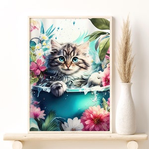 Kitty in Bathtub Tropical Jungle Art, Monstera Leaves Tropical Flowers Bathtub Animals Digital Download, Stylish Home Wall Decor Gift Idea