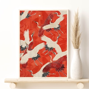 Red Cranes | Vintage Japanese Art Print, Digital Download, Japan Cranes Kimono Art, Japanese Crane Illustration, Home Wall Decor Gift