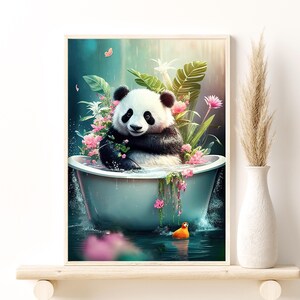 Panda in Bathtub Tropical Jungle Art, Monstera Leaves Tropical Flowers Bathtub Animals Digital Download, Stylish Home Wall Decor Gift Idea