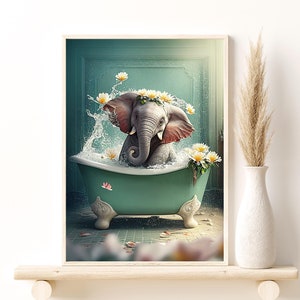 Cute Elephant in Bathtub Tropical Jungle Art, Daisies Tropical Flowers Bathtub Animals Digital Download, Stylish Home Wall Decor Gift Idea