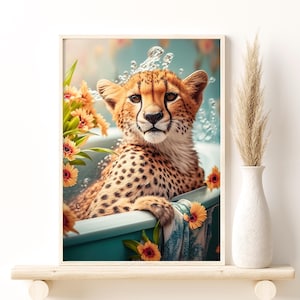 Cheetah in Bathtub Tropical Jungle Art, Tropical Flowers Bathtub Animals Digital Download, Stylish Home Wall Decor Gift Idea