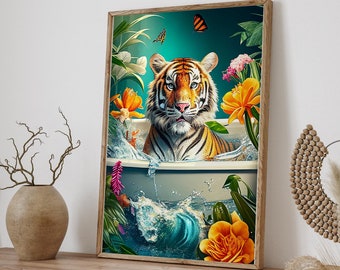 Tiger in Bathtub Jungle Art, Tropical Jungle Flowers Bathtub Animals Digital Download, Stylish Home Wall Decor Gift Idea