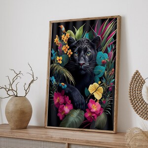 Black Puma Tropical Floral Jungle Art Tropical Flowers Leaves Safari Animals Giclee Print Stylish Home Wall Decor Gift Idea Etsy
