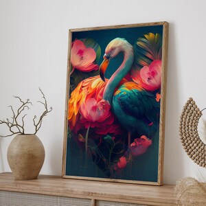Flamingo Love Beach Tropical Floral Jungle Art, Monstera Leaves Tropical Flamingos Digital Download, Stylish Home Wall Decor Gift Idea