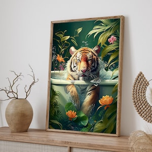 Tiger in Bathtub Tropical Jungle Art, Leaves Tropical Flowers Bathtub Animals Digital Download, Stylish Home Wall Decor Gift Idea