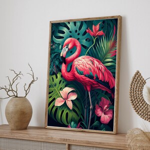 Monstera Leaves Tropical Flamingos, Beach Tropical Floral Pink Flamingo Jungle Art, Digital Download, Stylish Home Wall Decor Gift Idea