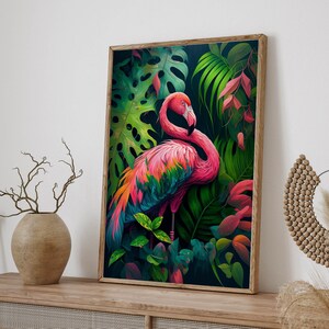Jungle Art Beach Tropical Floral Pink Flamingo, Monstera Leaves Tropical Flamingos Digital Download, Stylish Home Wall Decor Gift Idea