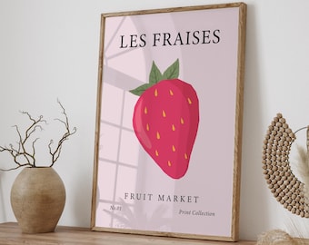 Strawberry Fruit Market Poster, Minimal Strawberry Wall Art Print, Kitchen Home Decor Gift, Fruit Market Les Fraises Digital Download