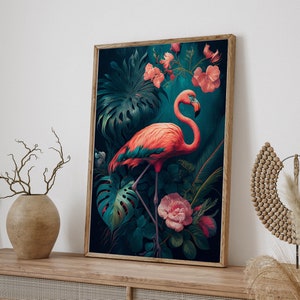 Beach Tropical Floral Pink Flamingo Jungle Art, Monstera Leaves Tropical Flamingos Digital Download, Stylish Home Wall Decor Gift Idea