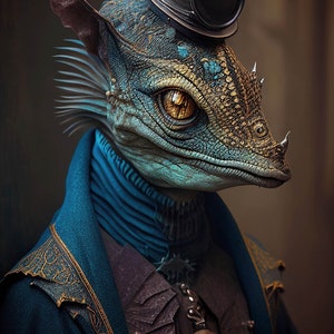 Victorian Gothic Steampunk Animals and Creatures Art, Victorian Alien Lizard Ai Art, Elegant and Cheeky Home Wall Decor Gift Idea