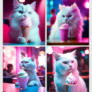 Cosmic White Cats eating Ice Cream Cotton Candy, AI generated funky art, 80's, Funny Serious Ice Cream Eating Cats, Cafe Home Wall Decor