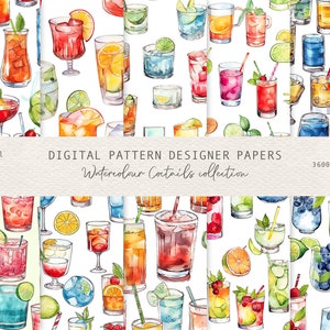 Summer Cocktails Watercolour Digital Paper, Seamless Pattern Papers, Digital Background, Digital Papers, Printable Paper Cocktails Set