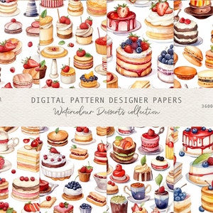 Watercolour Desserts Digital Paper, Watercolour Seamless Pattern Papers, Digital Background, Digital Papers, Printable Paper Desserts Set